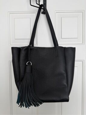 Vince Camuto Pebbled Black Leather Tote Bag with Tassel